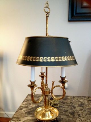Vintage Solid Brass 3 Candle French Bouillotte Table Lamp With Tin Shade