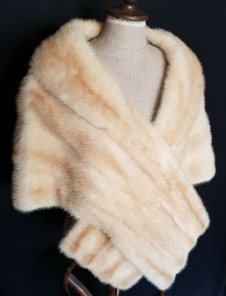 Real Pearl Blonde Mink Fur Stole with Collar Extra Large Size 8