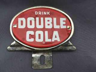 Vintage Double Cola Soda Porcelain & Chrome Advertising License Plate Topper