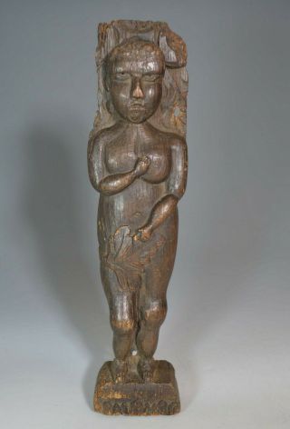 Rare 17th Century Period Fork Art Wood Carving Of Eve In The Garden Of Eden