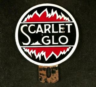 Vtg Scarlet Glo License Plate Topper Porcelain Rare Old Advertising Gas Oil Sign