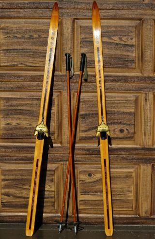 Vintage Norsprint Wooden Skis With Poles