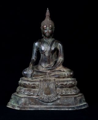 Antique Thai Style Seated Bronze Sukhothai Enlightenment Buddha - 33cm/13 "