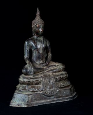 Antique Thai Style Seated Bronze Sukhothai Enlightenment Buddha - 33cm/13 
