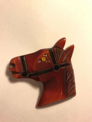 Vtg Bakelite Carved Horse Head Pin W Glass Eye - Estate