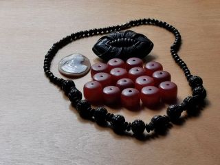 Antique Cherry Amber Bakelite,  Whytby Jet Brooch & Beads And Carved Cameo Shell.