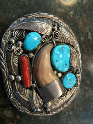 Vintage Navajo Turquoise & Coral Faux Bear Claw Silver Belt Buckle