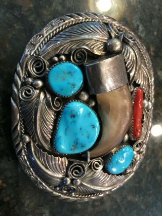 Vintage Navajo TURQUOISE & CORAL faux BEAR CLAW Silver Belt Buckle 2