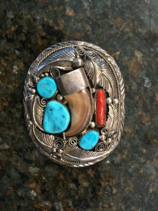 Vintage Navajo TURQUOISE & CORAL faux BEAR CLAW Silver Belt Buckle 3