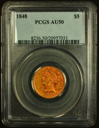 Rare 1848 $5 Dollar Gold Liberty Head Half Eagle Low Mintage Au50 Pcgs