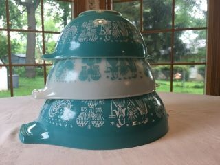 Vtg Pyrex Amish Butterprint Turquoise Aqua Blue Cinderella 3 Pc Mixing Bowl Set