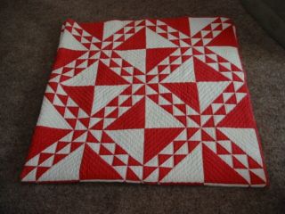 London Square Pattern Vintage Quilt Hand Quilted Red & White 1800 
