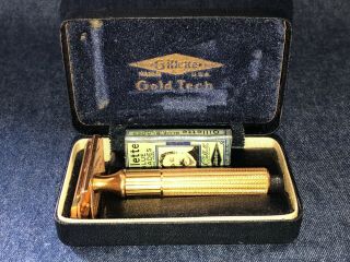 Vintage Gillette Gold Tech Razor W/case & Box Of Blue Blades Nos