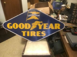 Large Vintage 1950s Goodyear Tires 48 " Porcelain Embossed Metal Sign Doublesided