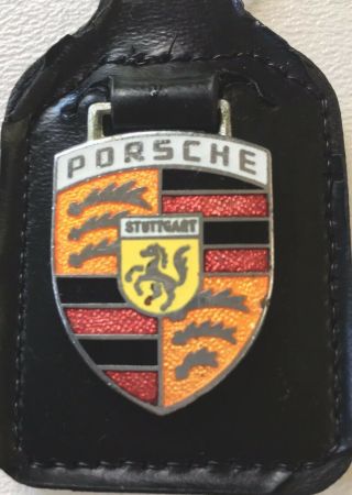 Vintage Authentic Porsche 1970’s Crest Enamel Badge Black Leather Fob Keyring