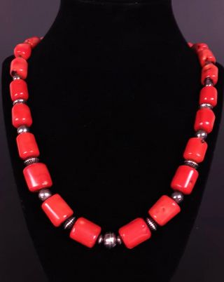 Vintage Coral Barrel Bead And Sterling Silver 22 " Necklace