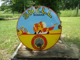 Old Vintage Shell Roxana Gasoline Porcelain Enamel Gas Pump Sign
