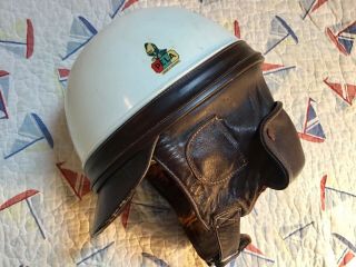 Rare Vintage Pela Denmark Motorcycle Helmet With Leather Visor & Chin Strap
