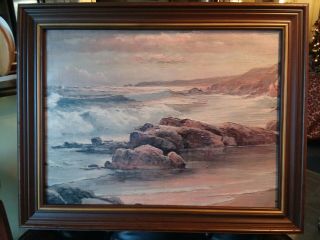 Vintage Oil Painting Canvas Seascape Rocky Coast 28 " X22 " Wood Frame