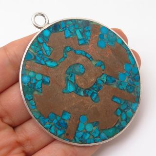 925 Sterling Silver Vintage Mexico Turquoise Tribal Design 2 - Tone Large Pendant