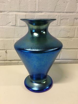 Vintage Durand Signed Blue Aurene Iridescent Unique Form Art Glass Vase