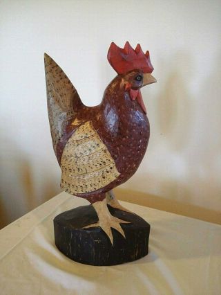 Vtg Wooden Rooster Hand Carved Painted Large Statue Folk Art Country Decor Farm
