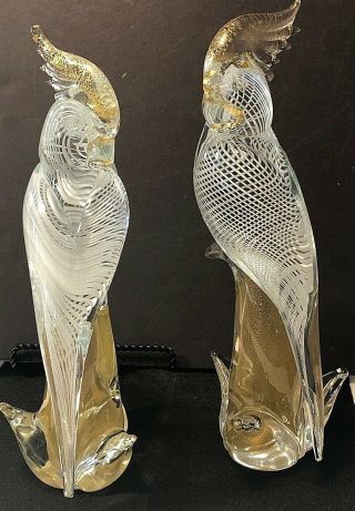 2 Vtg Murano Glass Parrots Cockatoo Birds 12 " Archemide Seguso Gold Flake Italy