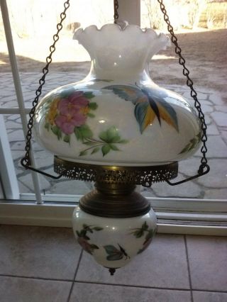 Vintage Iridescent Lustre Flower Lg Hurricane Hanging Swag Lamp W/ Night Light