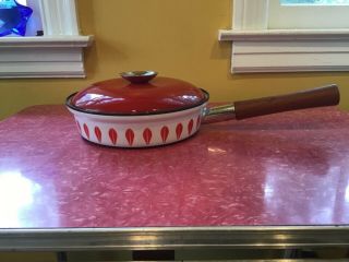 Vintage True Red And White Enamelware Lotus Pan With Teak Handle