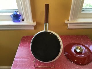 Vintage True Red and White Enamelware Lotus Pan with Teak Handle 5