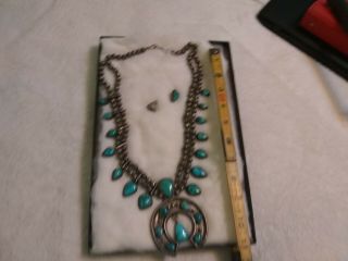 Vintage American Indian Navajo Old Pawn Silver Turquoise Squash Blossom Necklace