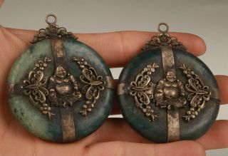2 Chinese Old Tibet Silver Jade Handmade Carving Buddha Pendant Spiritual Gift M