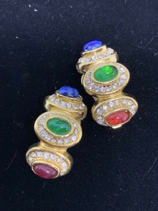 Vintage Signed Christian Dior Cabochon Rhinestone Gold Tone Clip On Earrings