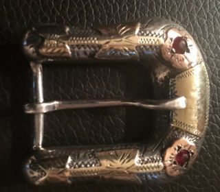 Vintage Ranger Belt Buckle Sterling Silver & 10kt Gold With Rubies