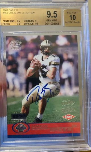Drew Brees 2001 Pacific Auto Autograph Rookie Rc 0527/1000 Bgs 9.  5 Very Rare