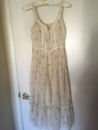 Vtg 1970s Boho GUNNE SAX Midi Dress Lace Up Prairie Red,  Cream Floral 5