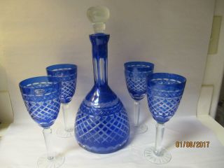 Vintage Sorelle Cobalt Cut To Clear Wine Decanter W/ 4 Glasses