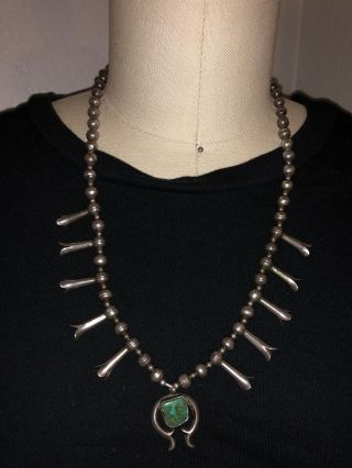 Vtg OLD NAVAJO Sterling SILVER Squash BLOSSOM NECKLACE Turquoise 6