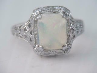 Antique Art Deco Solid 14k White Gold Filigree Colorful Opal Ring A&s 14k