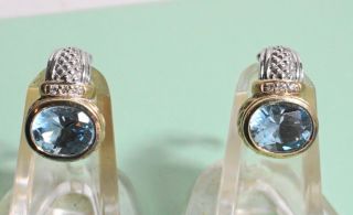 Signed Judith Ripka Diamond Earrings 18kt Gold W/ Blue Topaz & Sterling Silver