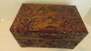 Vintage Hand Carved Wooden Box Bird And Flower Carvings Lacqured Large
