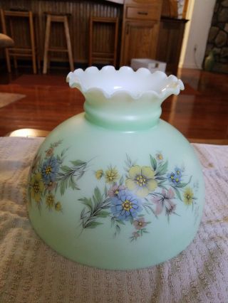 Vintage Large Hurricane Lamp Shade Green Painted Flowers 10 " Fitter