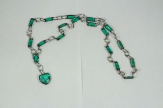 Vintage Sterling Silver Green And Clear Glass Art Deco Necklace