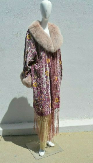 Vtg Adrienne Landau Floral Embroidered Velvet Fox Fringe Kimono Coat Jacket Lg