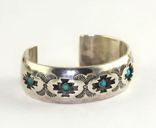 Vintage Navajo Andrew Johnson Stamped Sterling Silver Turquoise Shadowbox Cuff