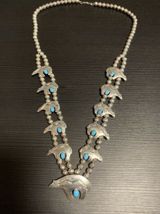 Vintage Navajo Sterling Silver Bear Necklace,  Signed Perez,