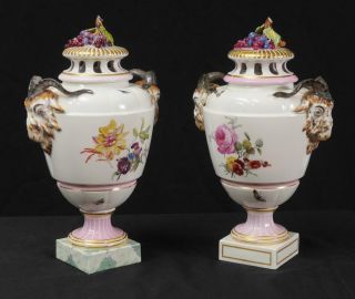 Very Rare 19th Century Signed Kpm Rams Head Floral Porcelain Urns