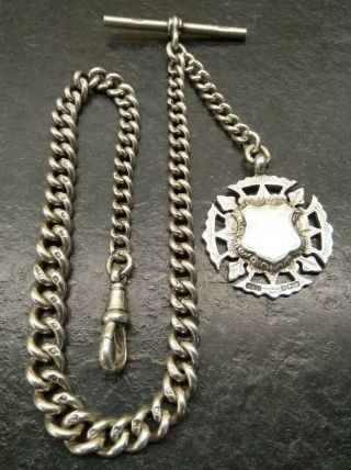 Old Vintage All Silver Graduated Albert Pocket Watch Chain & Fob.  B&S. 2