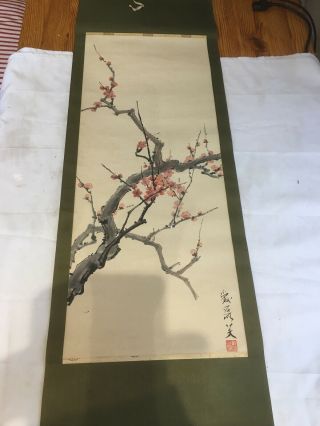 Vintage Chinese Watercolor Tree In Flower Wall Hanging Scroll Painting