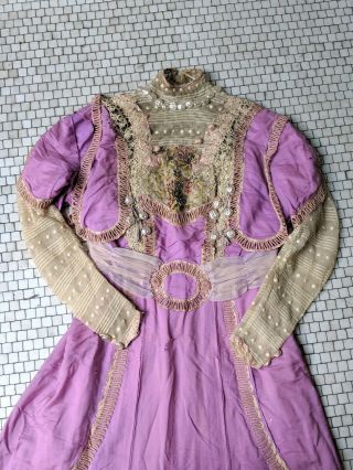 Antique Pink Victorian Dress With Pearls And Lace C.  1890s 1910 Decorated Bodice